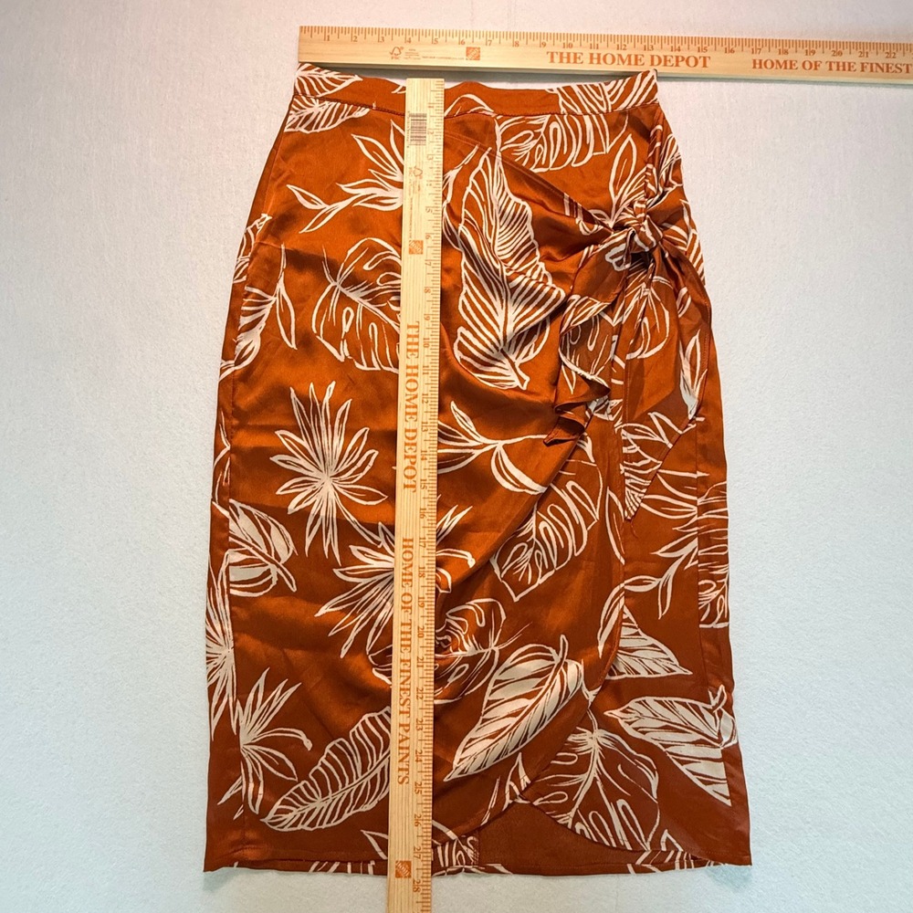 Forever 21 Rust Orange Small Skirt Tropical Leaf Print Faux Wrap Midi Side Tie - Picture 8 of 14